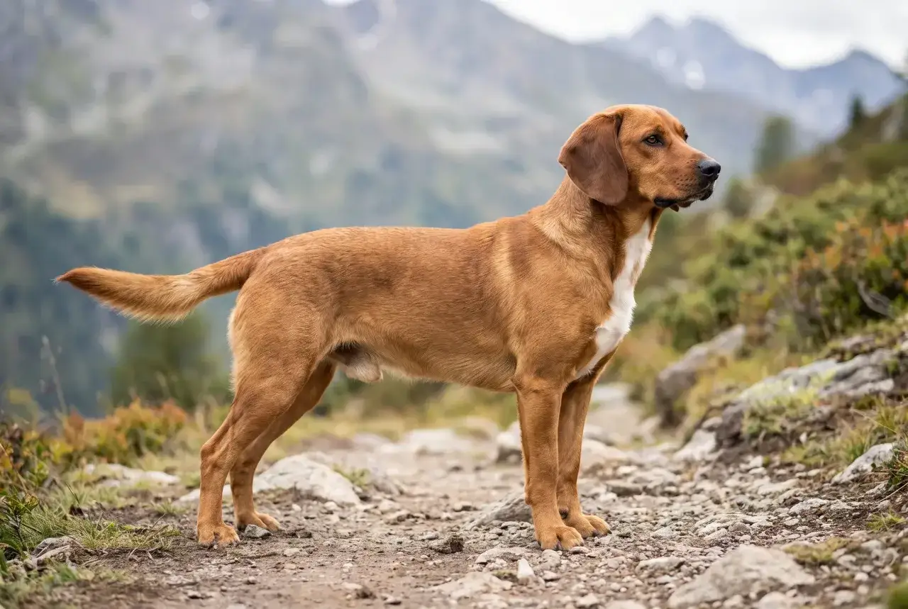 Ein rotbrauner Tiroler Bracke steht auf einem steinigen Bergpfad.