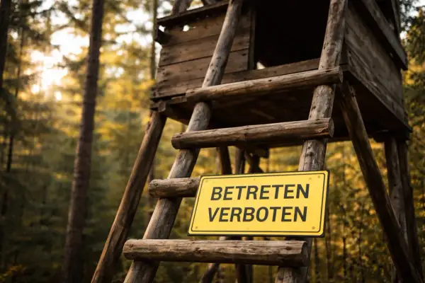 Ein hölzerner Hochsitz im Wald mit einem Schild "BETRETEN VERBOTEN". Wer den Hochsitz betritt, riskiert eine Strafe.