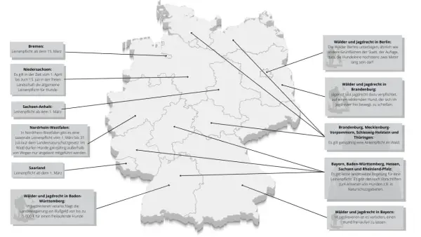Karte Deutschlands mit Leinenpflicht-Regelungen und Jagdrecht. Brut- und Setzzeit RLP wird nicht erwähnt.