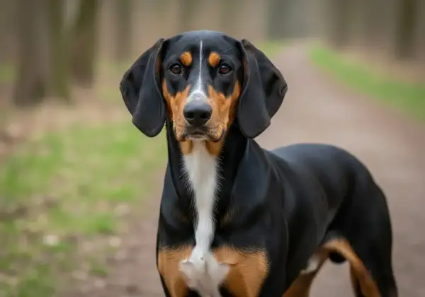 Ein aufmerksamer Hund der Rasse Bracke im Wald. Die gute Bracke Erziehung zeigt sich in seinem ruhigen und fokussierten Blick.