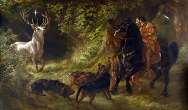 Ein weißer Hirsch mit einem Kreuz zwischen den Geweihen, ein Reiter auf einem schwarzen Pferd und Jagdhunde im Wald. Dies ist die Legende des Heiligen Hubertus, der an seinem Gedenktag, dem Hubertustag, gefeiert wird.