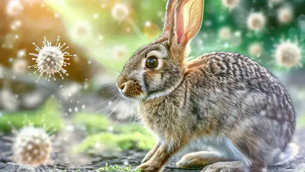 Ein Hase in der Natur, umgeben von Viren. Die Darstellung soll die Gefahr der Hasenpest bei Menschen visualisieren.
